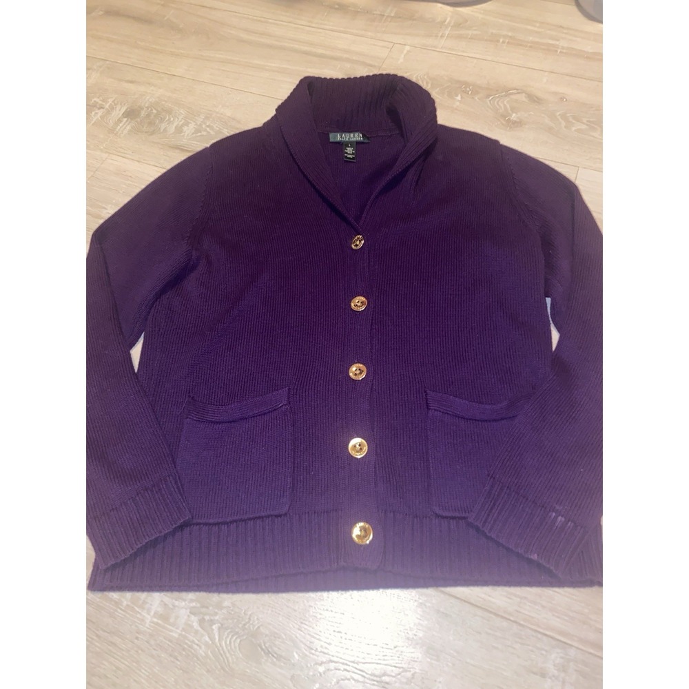 Lauren Ralph Lauren Cardigan Sweater Women's L Purple Shawl Collar 100% Cotton